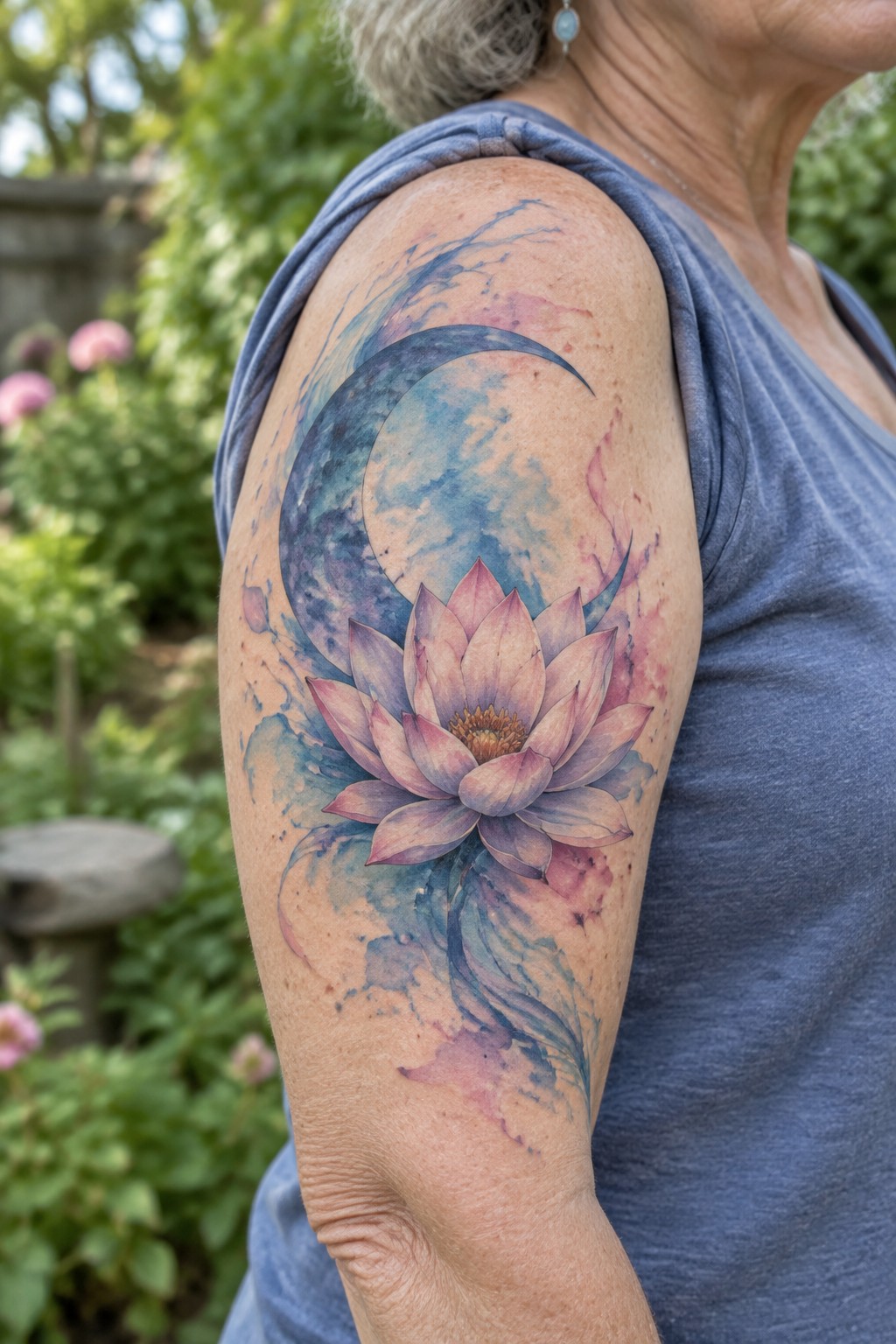 Watercolor lotus and crescent moon tattoo on the upper arm of an older woman, shown from the side in natural daylight.
