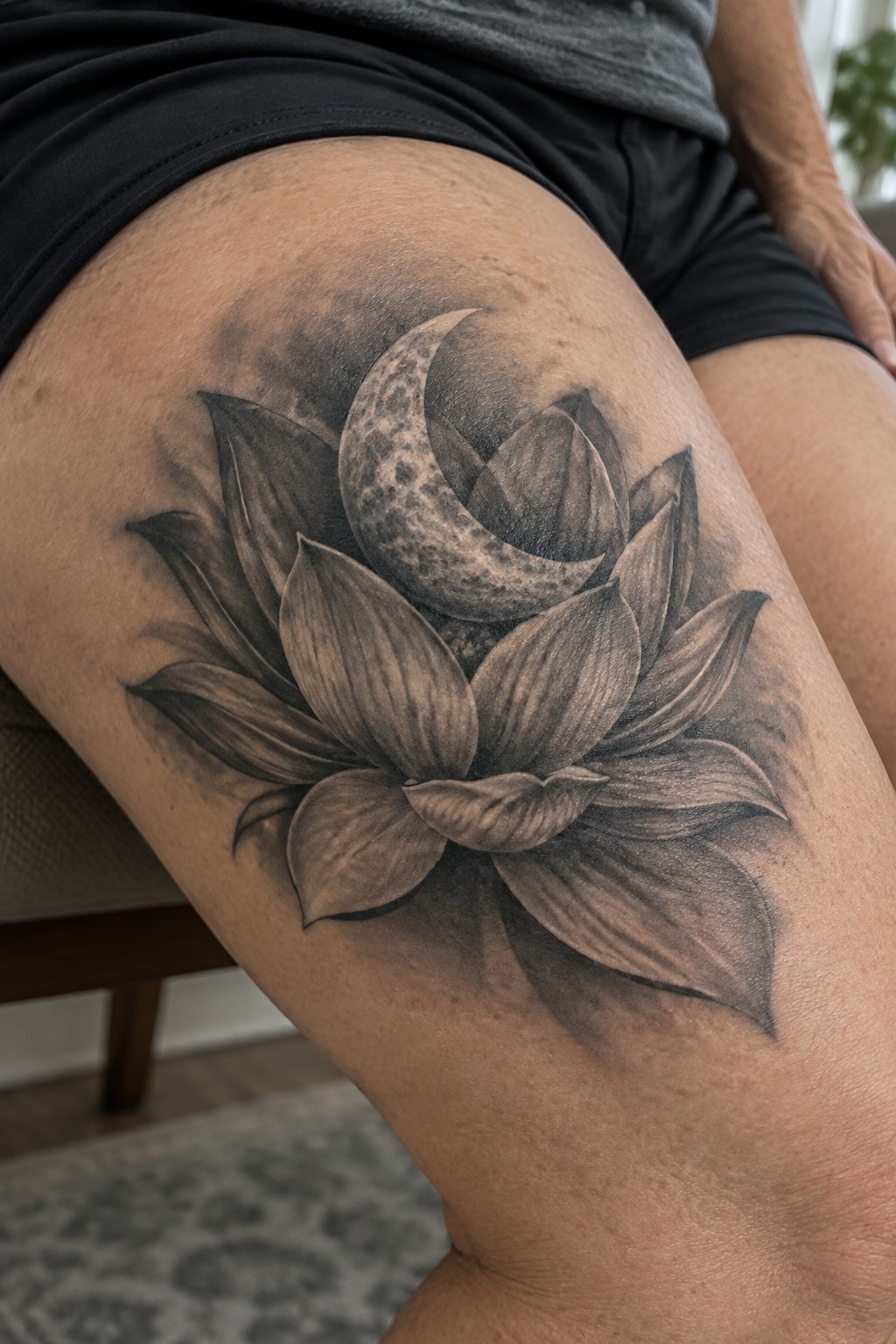 Black and gray lotus flower with crescent moon tattoo on thigh