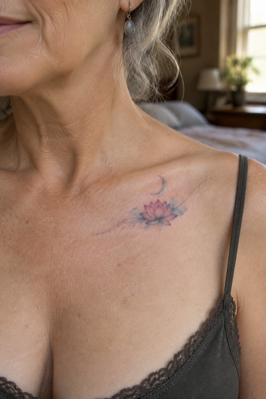 Older woman with watercolor lotus flower and crescent moon tattoo on shoulder above gray lace camisole