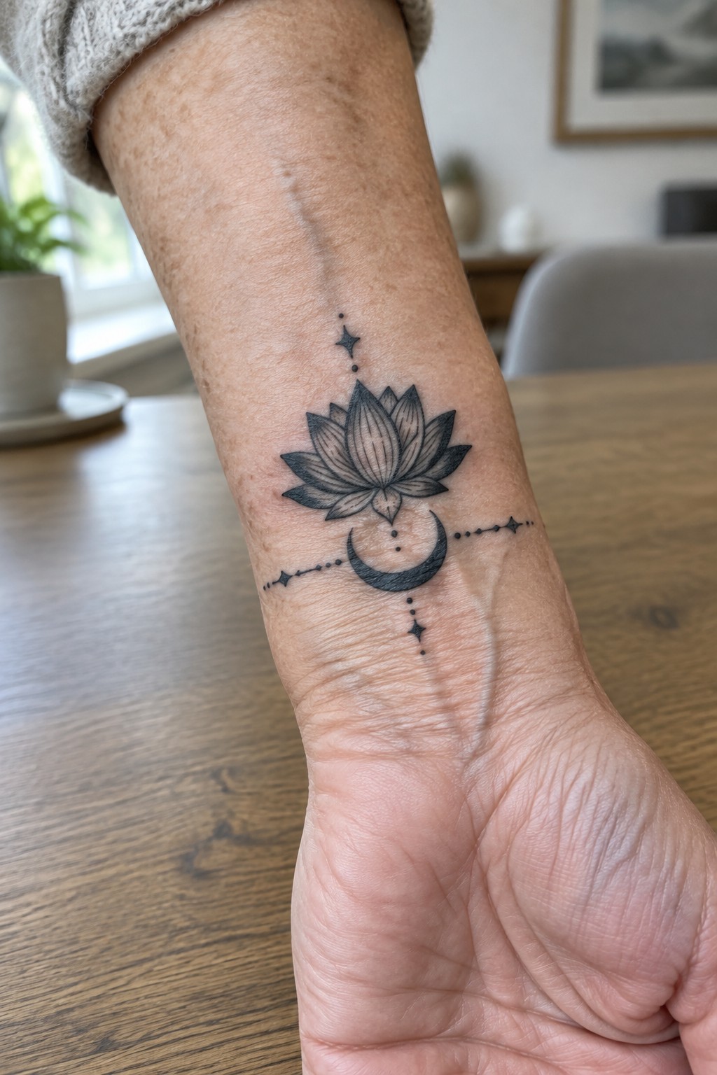 Lotus flower and crescent moon tattoo with stars on wrist below knit sleeve