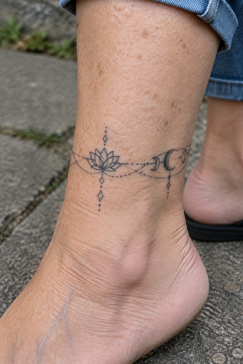 Lotus flower and moon phase tattoo on ankle below rolled blue jeans