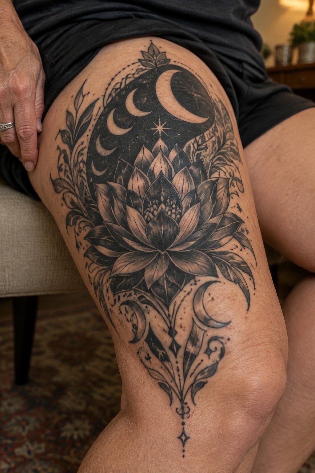 Intricate black and gray lotus tattoo with moons and stars on thigh