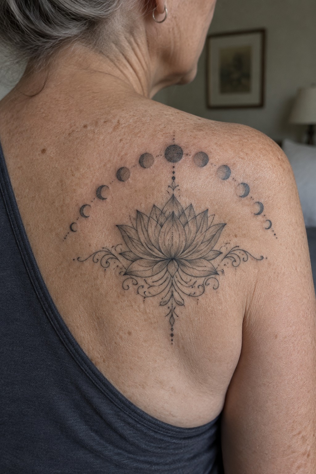 Elderly woman's back with lotus flower and moon phase tattoo over dark tank top.