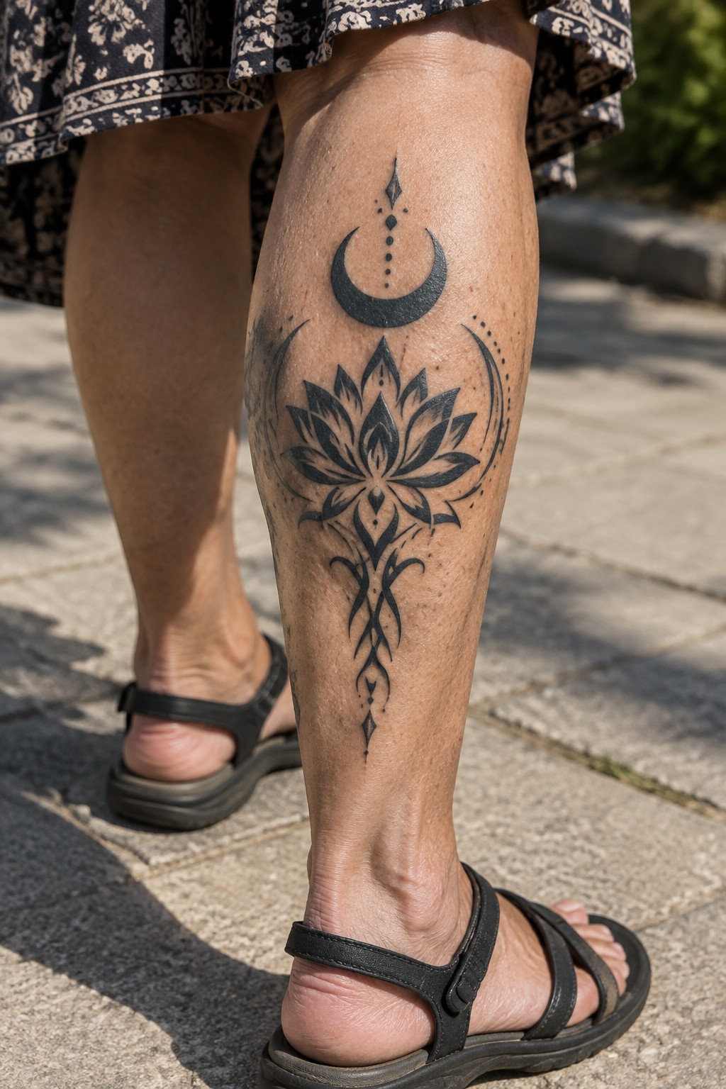 Calf with black lotus flower and crescent moons tattoo above black sandals.