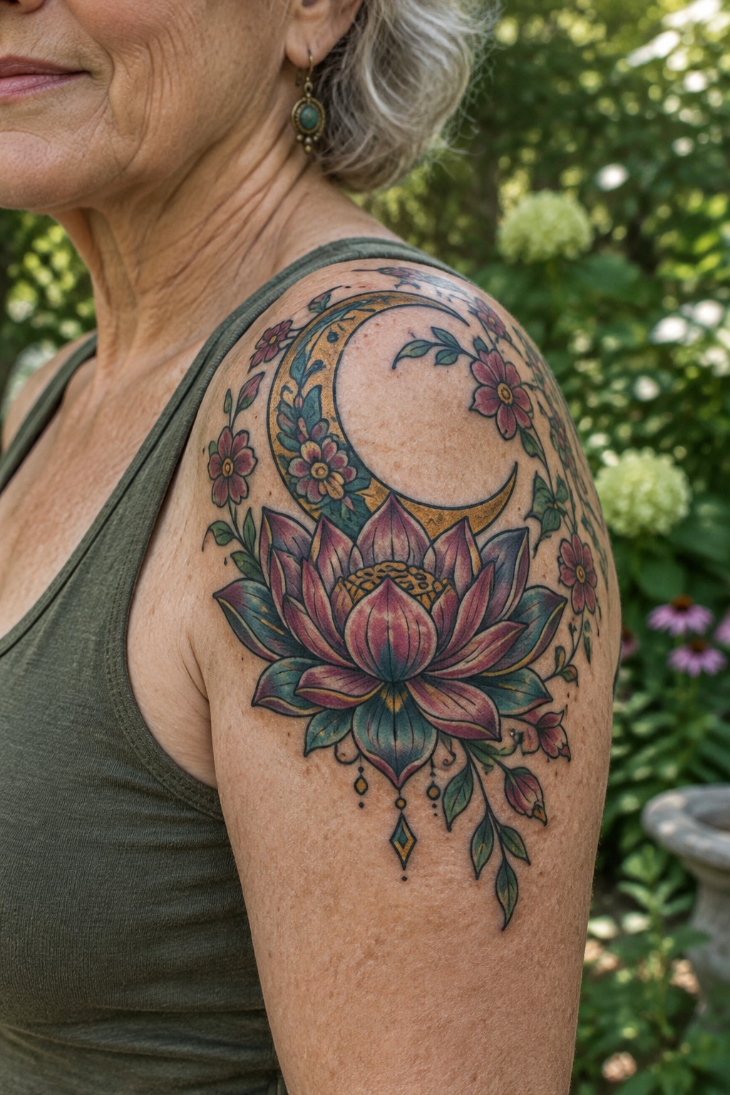 Woman in green tank top with purple lotus and crescent moon tattoo on arm