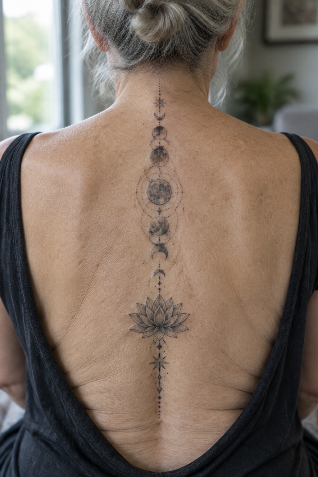 Gray-haired woman in black top with vertical moon phases and lotus tattoo.
