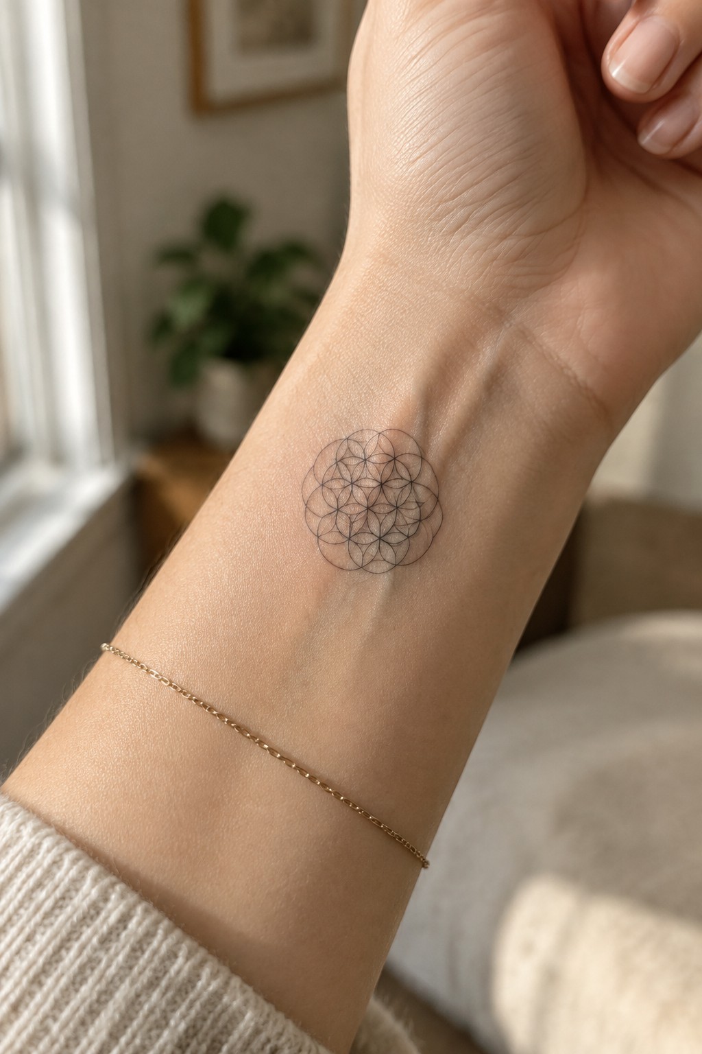 Wrist with black geometric flower tattoo and thin gold chain bracelet on beige sweater.