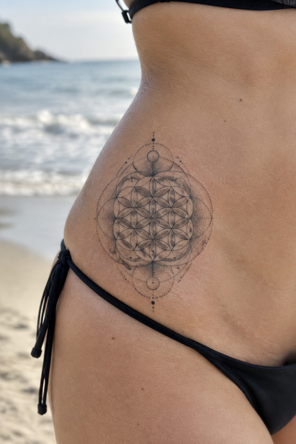 Geometric mandala tattoo on hip above black bikini bottom on beach