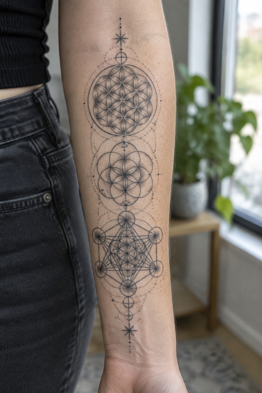 Person in black top and jeans displays intricate geometric forearm tattoo indoors.