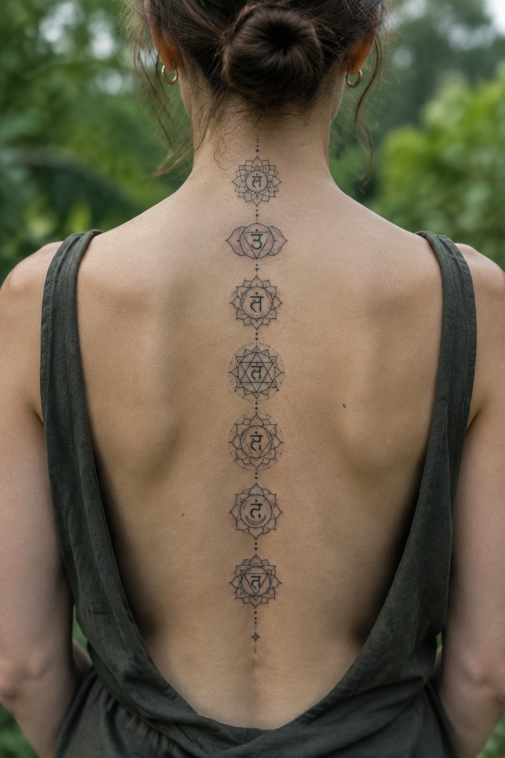 Woman's back with seven chakra tattoos aligned down spine in green top.