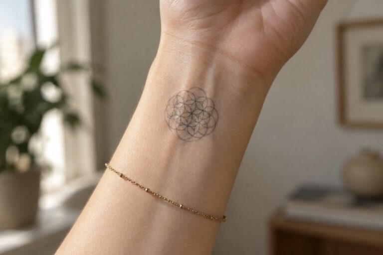21 Beautiful Sacred Geometry Tattoos for Women Featuring Geometric Symbol Systems Wrist with black geometric flower tattoo and thin gold chain bracelet on beige sweater.