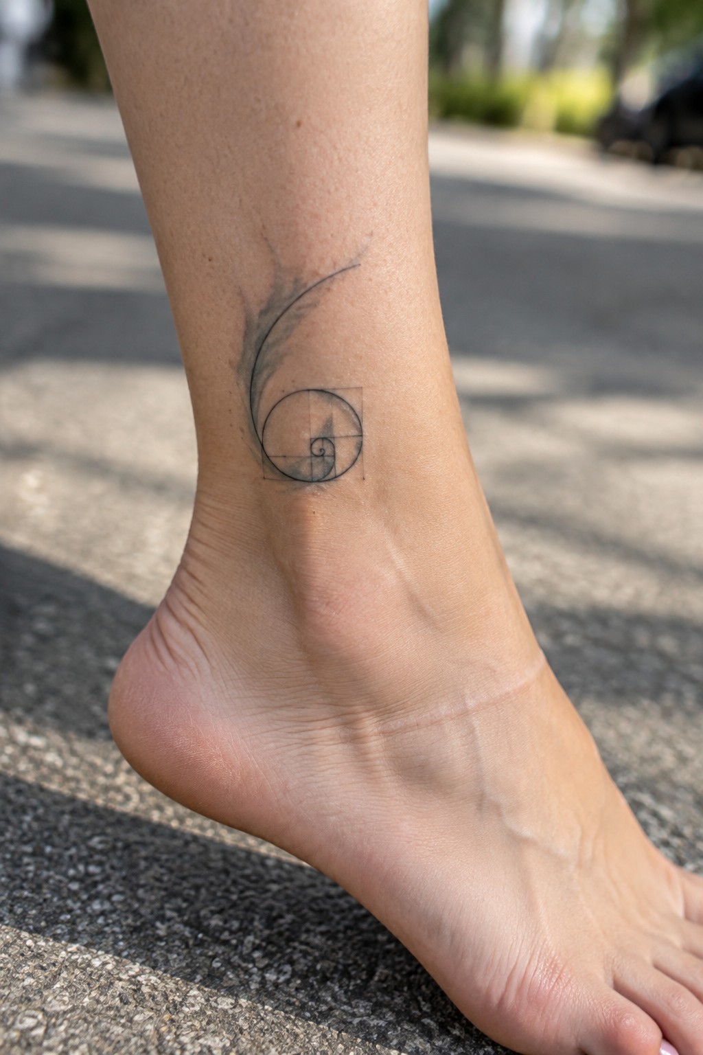 Black ink Fibonacci spiral tattoo on the outer ankle with geometric construction lines and light shading.