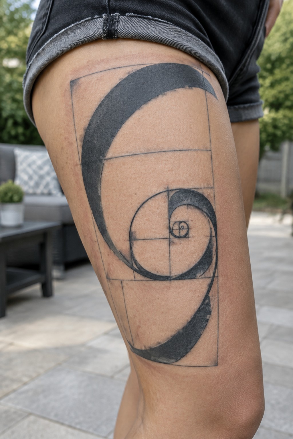 Black geometric Fibonacci spiral tattoo on the thigh with square grid lines and shaded curves.