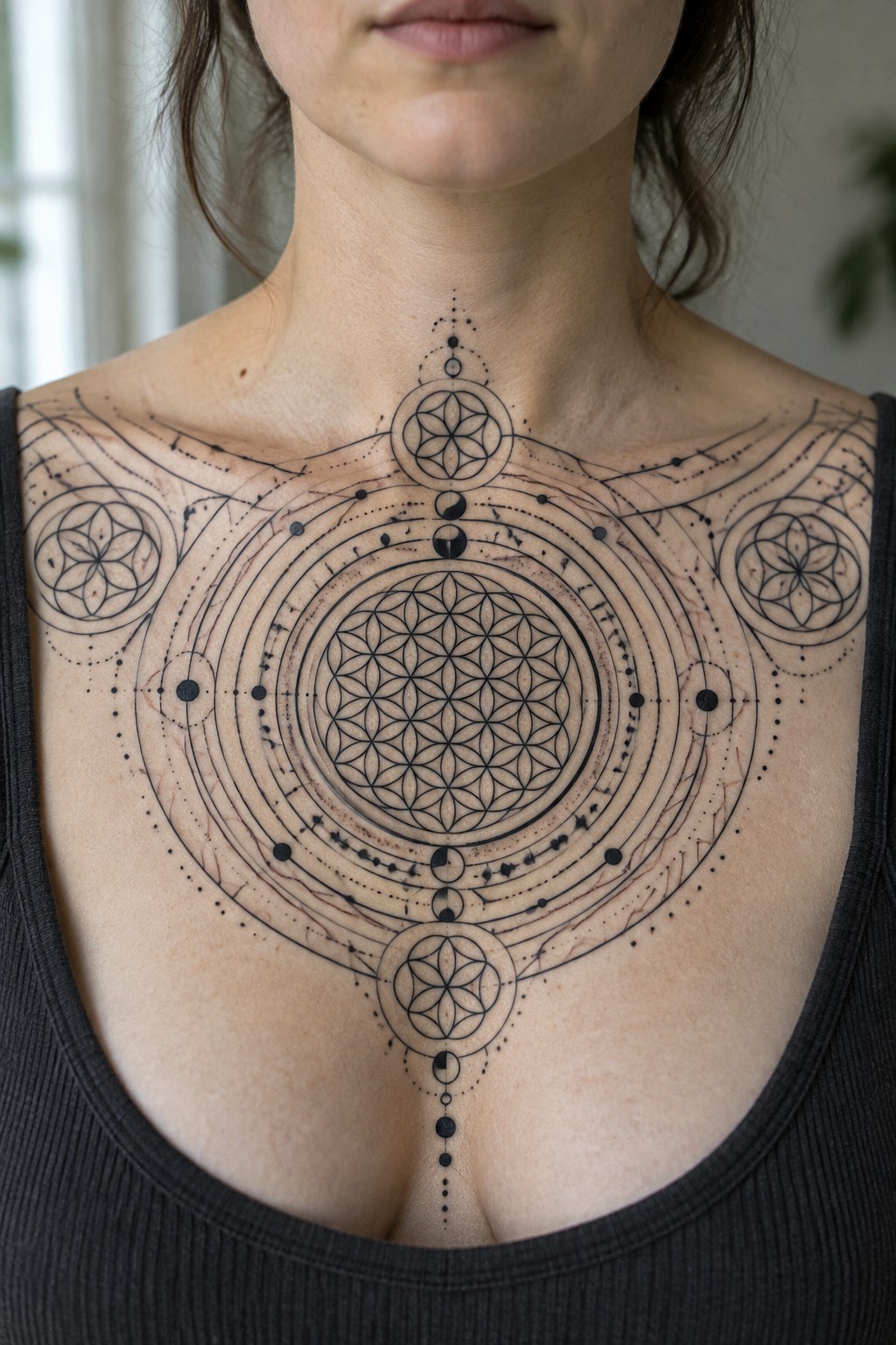 Woman's chest with large black mandala tattoo, moon phases, and geometric patterns over tank top