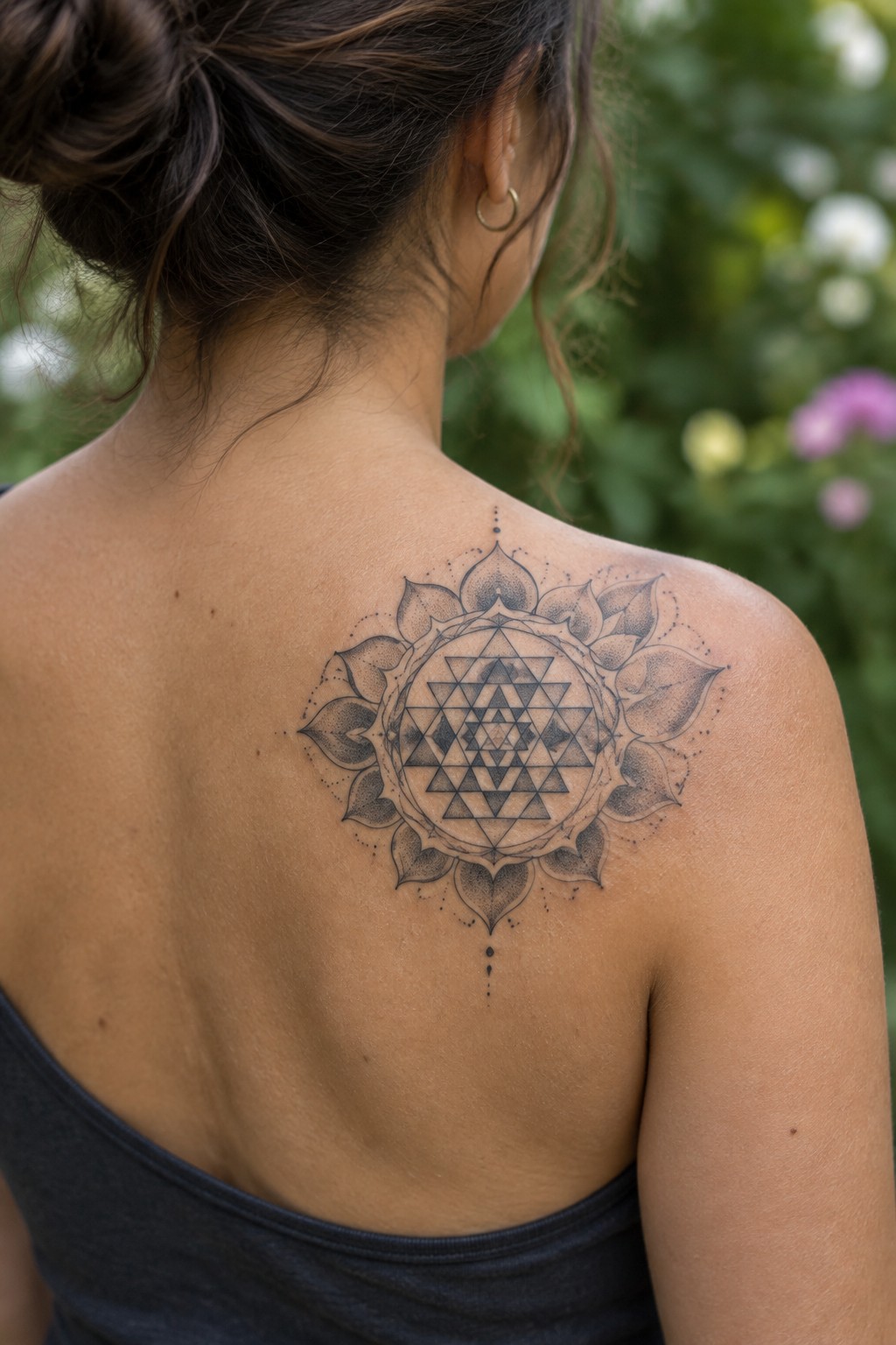 Woman's back with large black geometric lotus mandala tattoo, dark bun, gray tank top