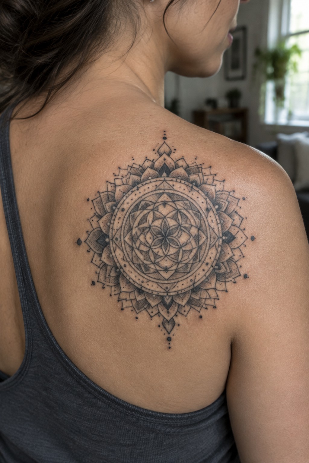 Large intricate mandala tattoo on upper back over gray tank top
