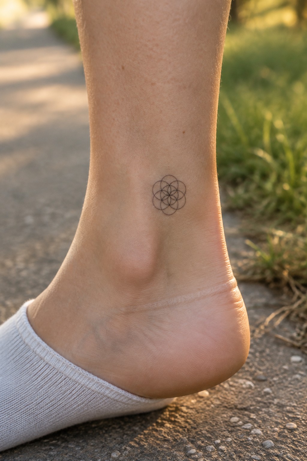 Ankle with black overlapping-circle flower tattoo above white sock on pavement.