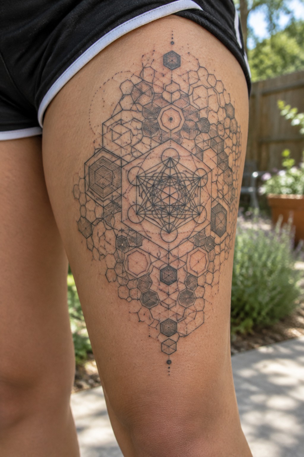 Intricate black geometric tattoo on thigh featuring hexagons and sacred patterns above shorts.