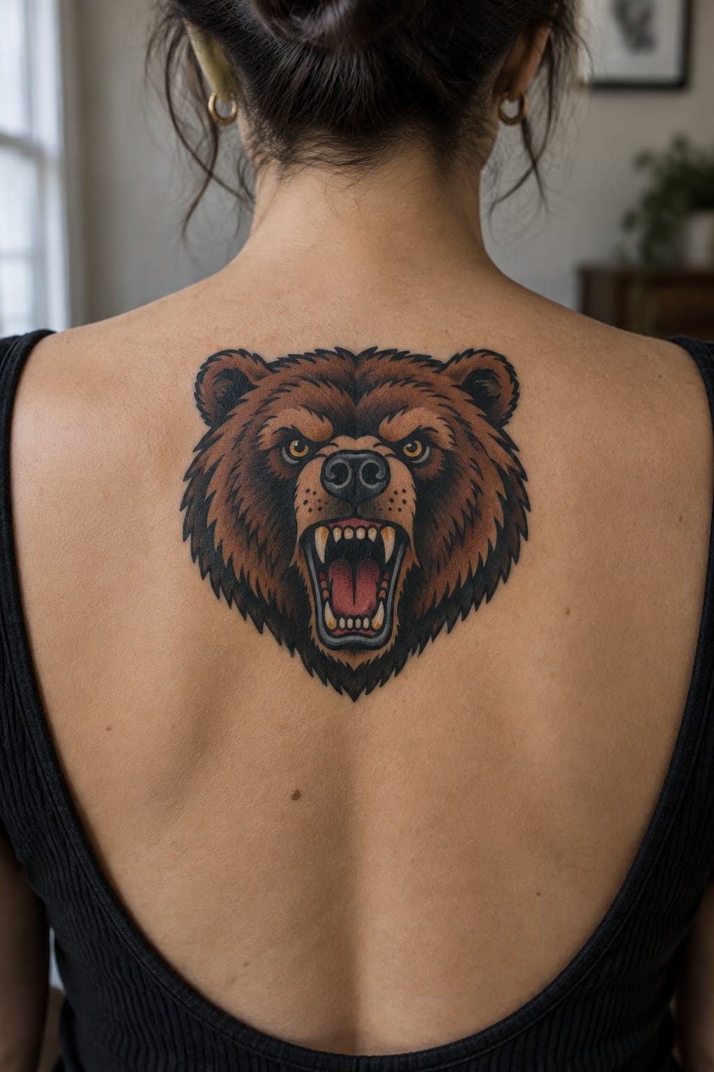 Woman with a large American traditional bear head tattoo centered on her upper back, featuring brown fur, a roaring expression, and bold shading.