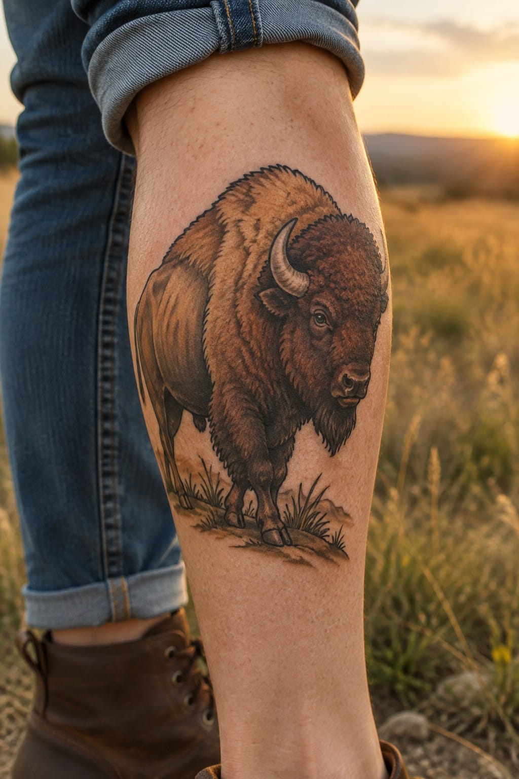 Realistic bison tattoo on calf above brown boot and cuffed jeans at sunset