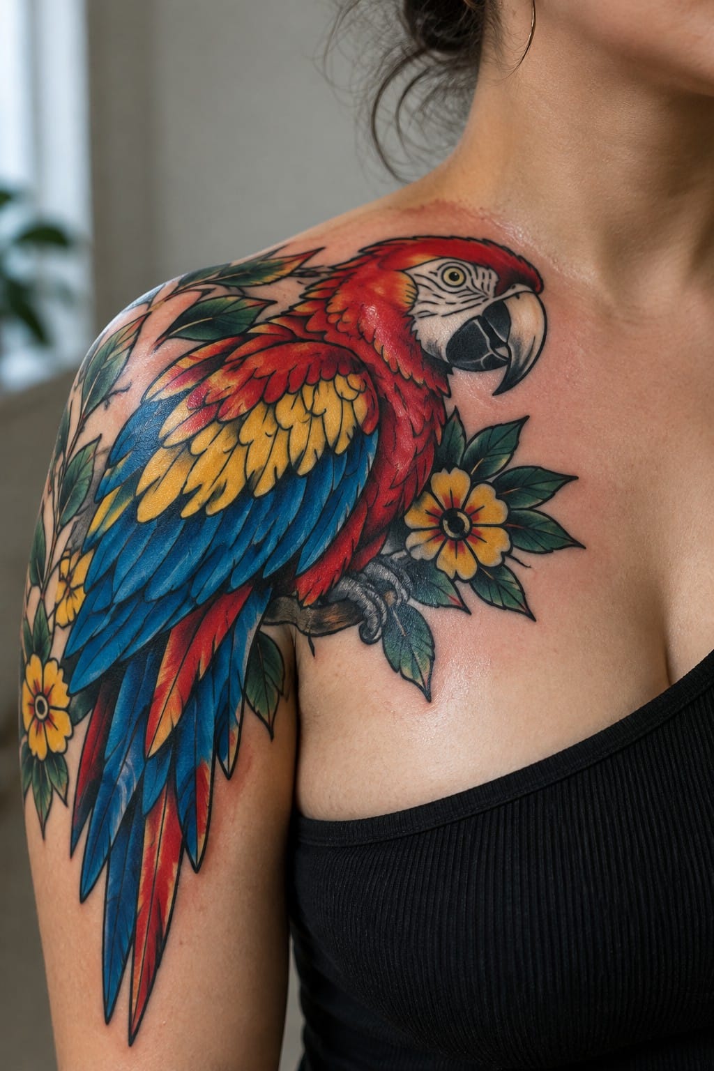 Colorful macaw tattoo with red, blue, and yellow feathers on shoulder beside yellow flowers.