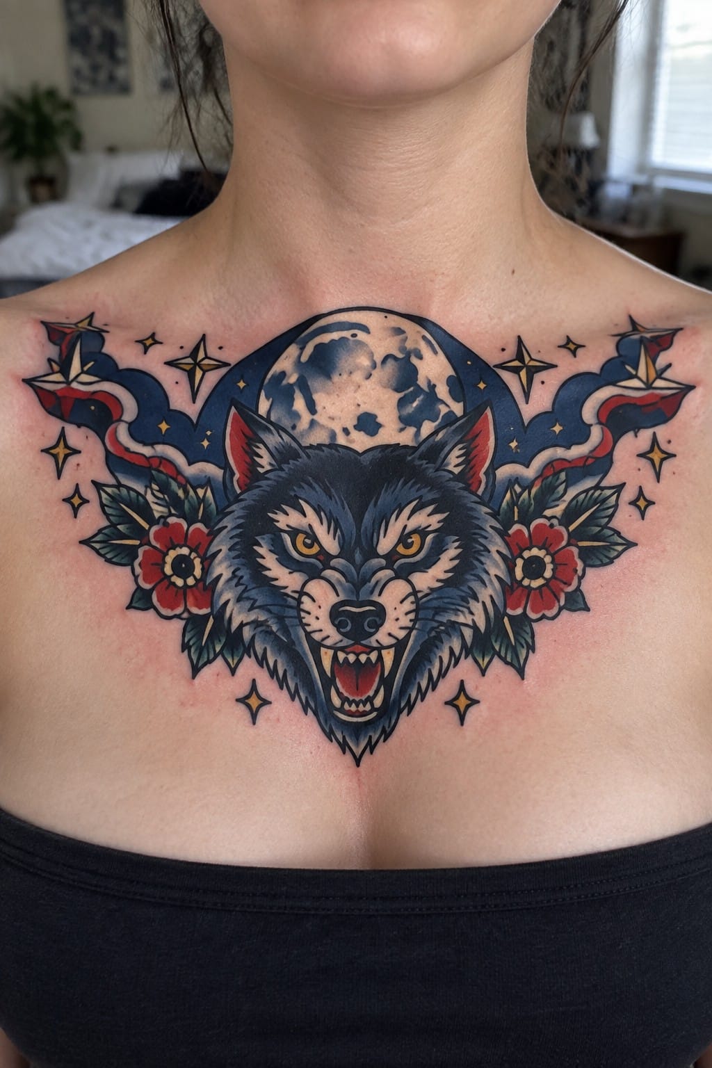 Traditional wolf head tattoo with moon, stars, and red flowers on chest above black top