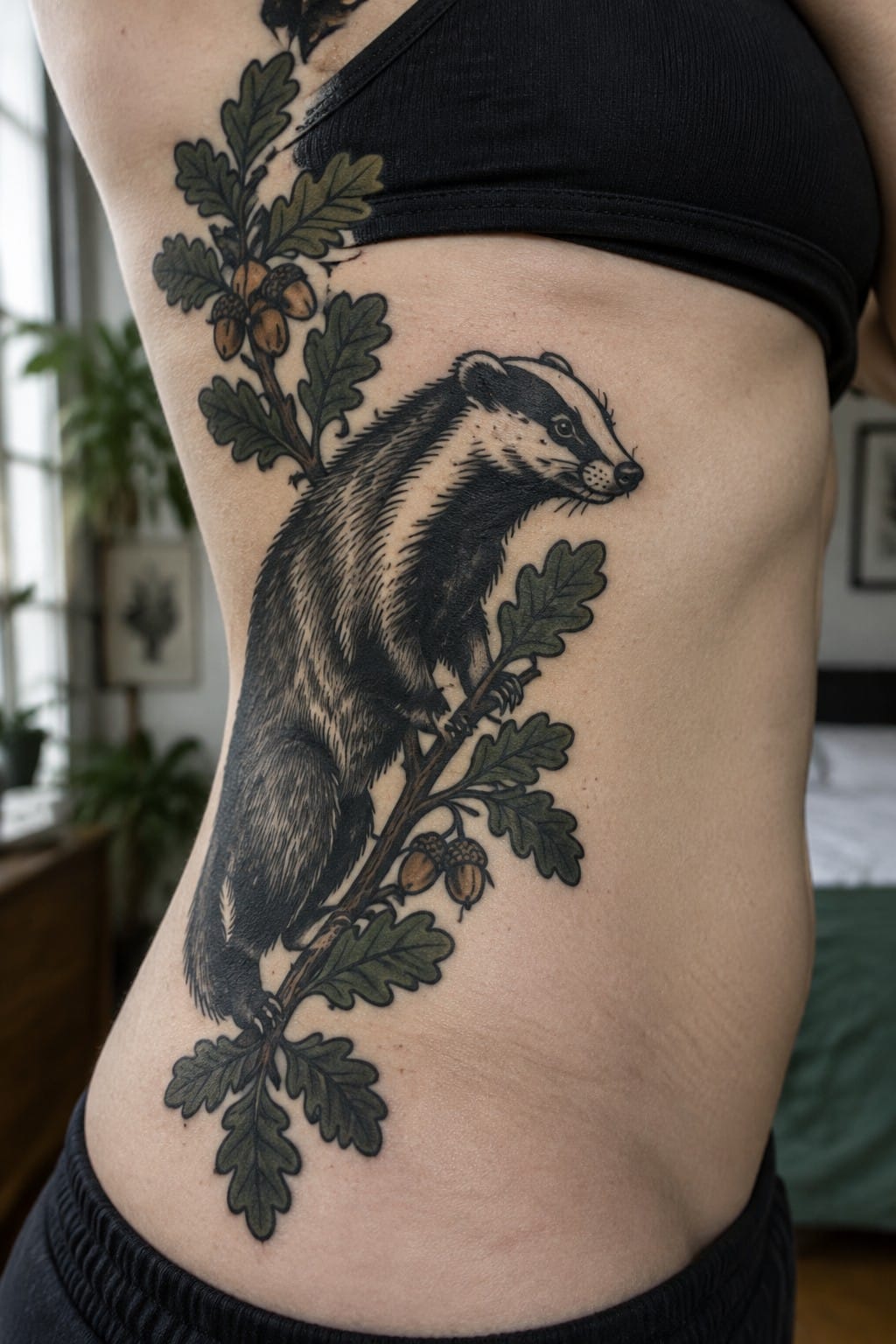 Badger tattoo with oak leaves and acorns on side, black crop top visible