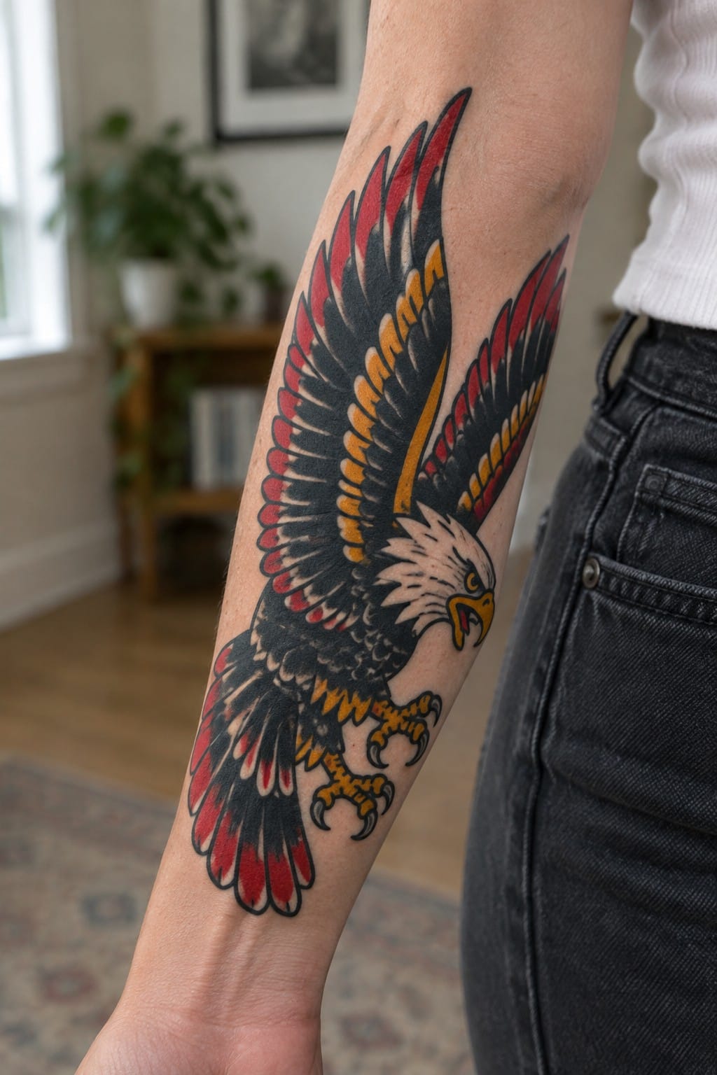 Bald eagle in American traditional style on a woman's forearm with spread wings and red accents.