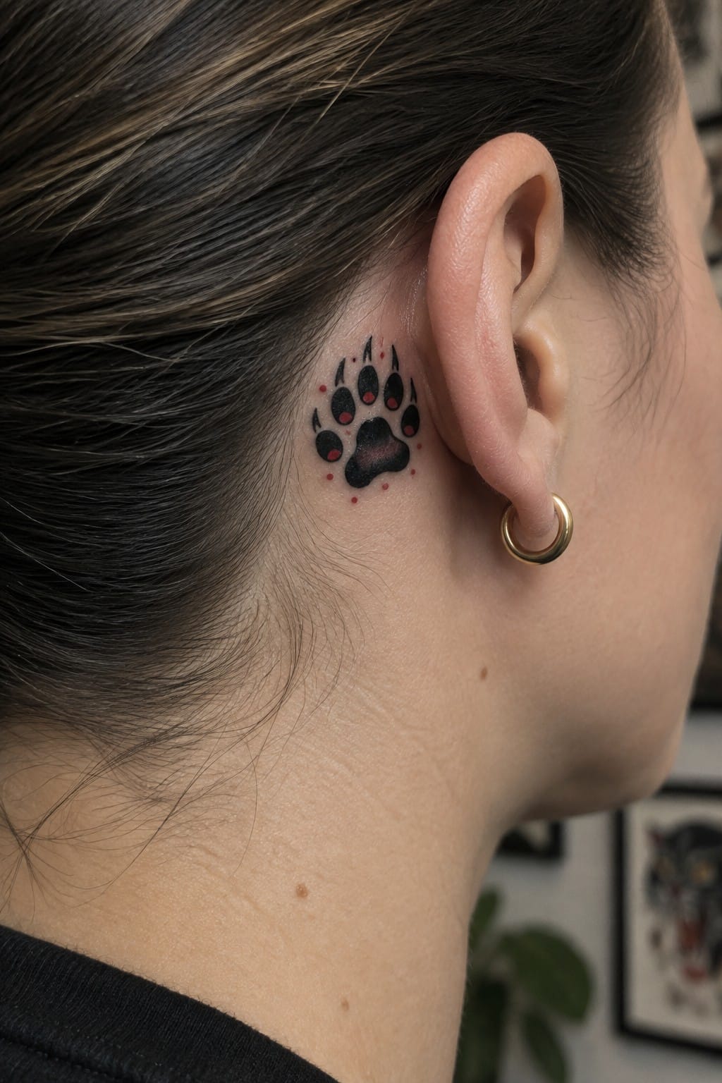 Small American traditional bear paw tattoo with black outlines and red pads placed behind a woman's ear.