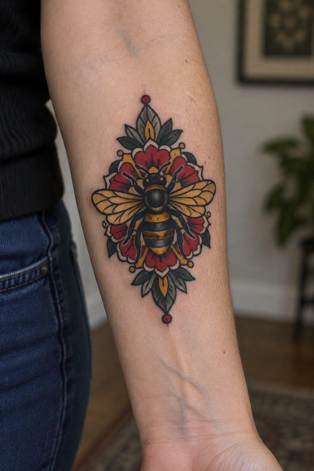 Vibrant bee tattoo with red flowers, yellow wings on arm in blue jeans