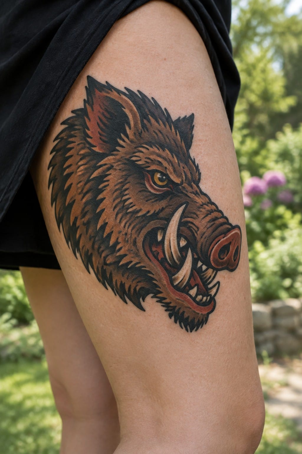 Detailed wild boar tattoo with tusks on thigh under black shorts outdoors