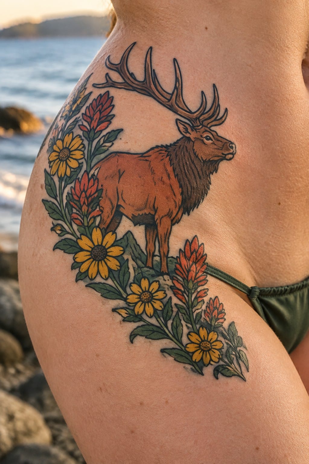 Brown elk with antlers tattooed amid yellow and red flowers on shoulder