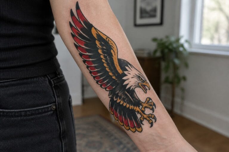 Bald eagle in American traditional style on a woman's forearm with spread wings and red accents.