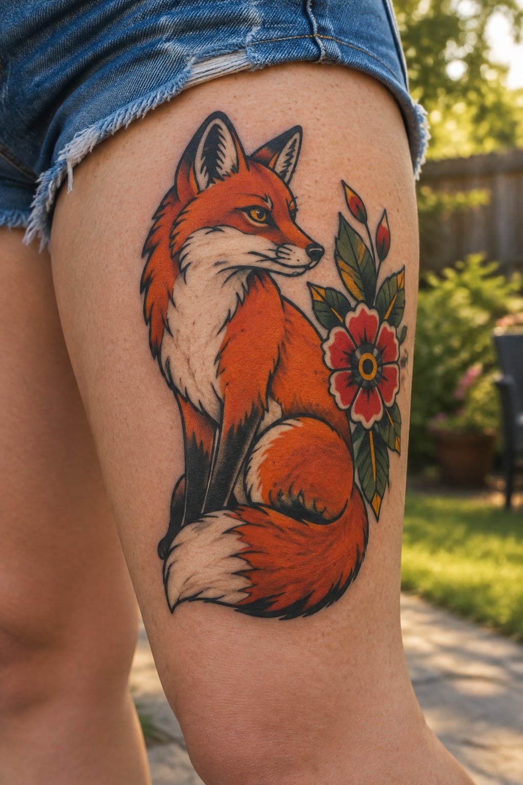 Traditional American style fox tattoo on the thigh with a red flower, shown in bold lines and orange tones.