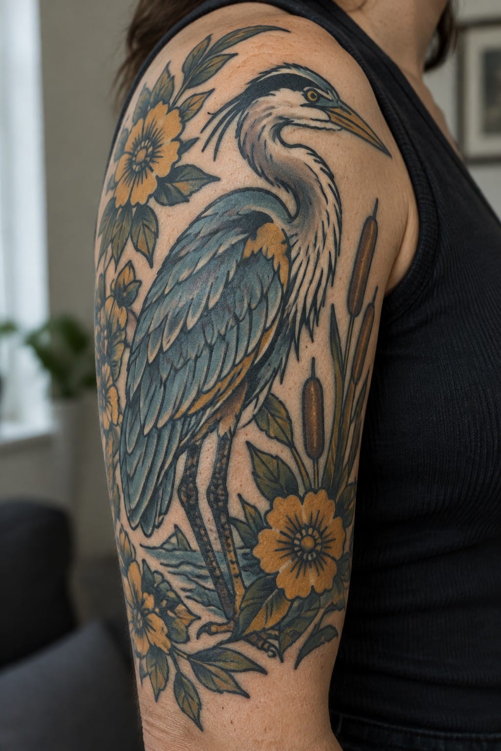Large American traditional heron tattoo on a woman's upper arm, shown with yellow flowers and cattails in bold lines and color.