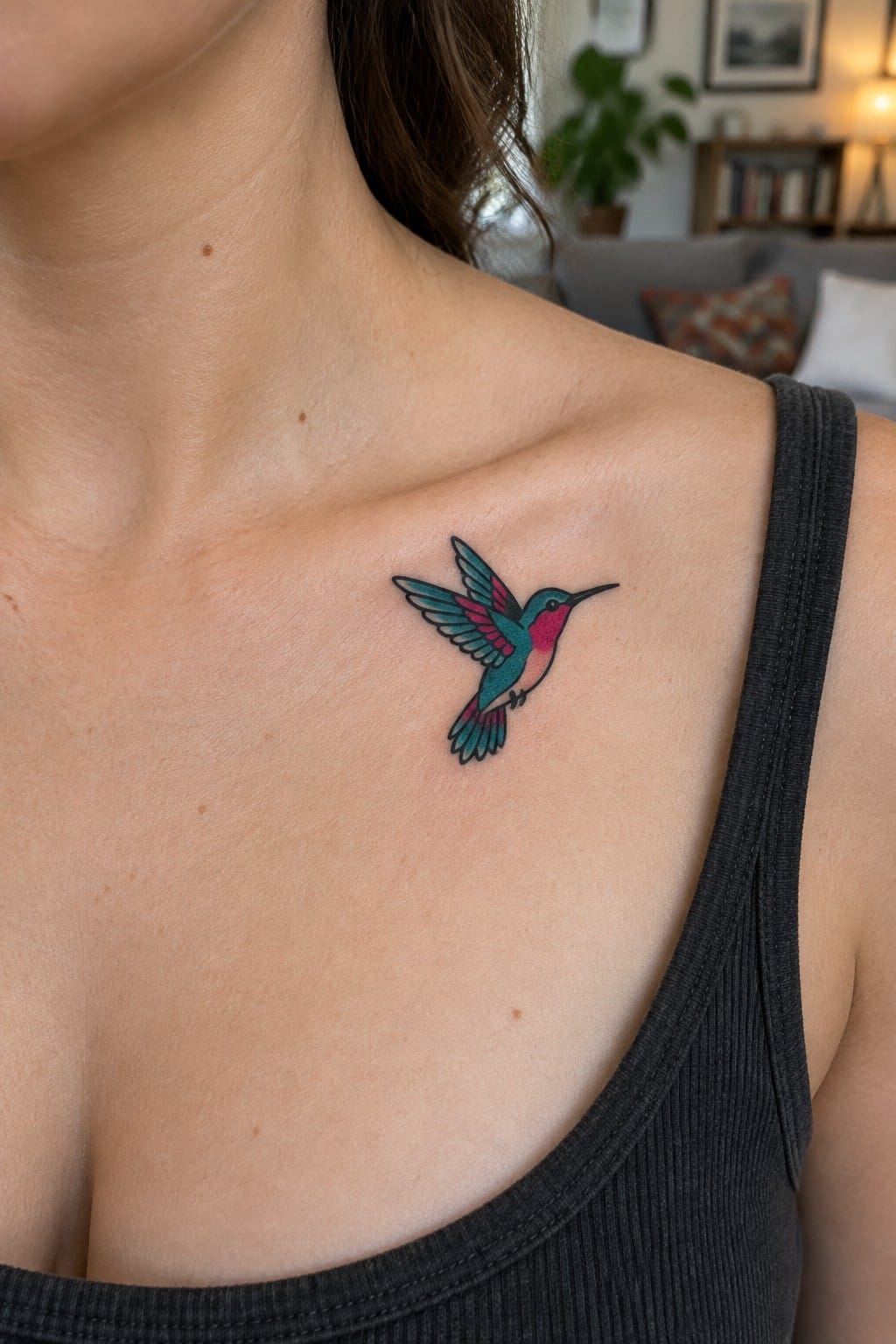 Small American traditional hummingbird tattoo on a woman's upper chest showing teal wings and pink throat in a flying pose.