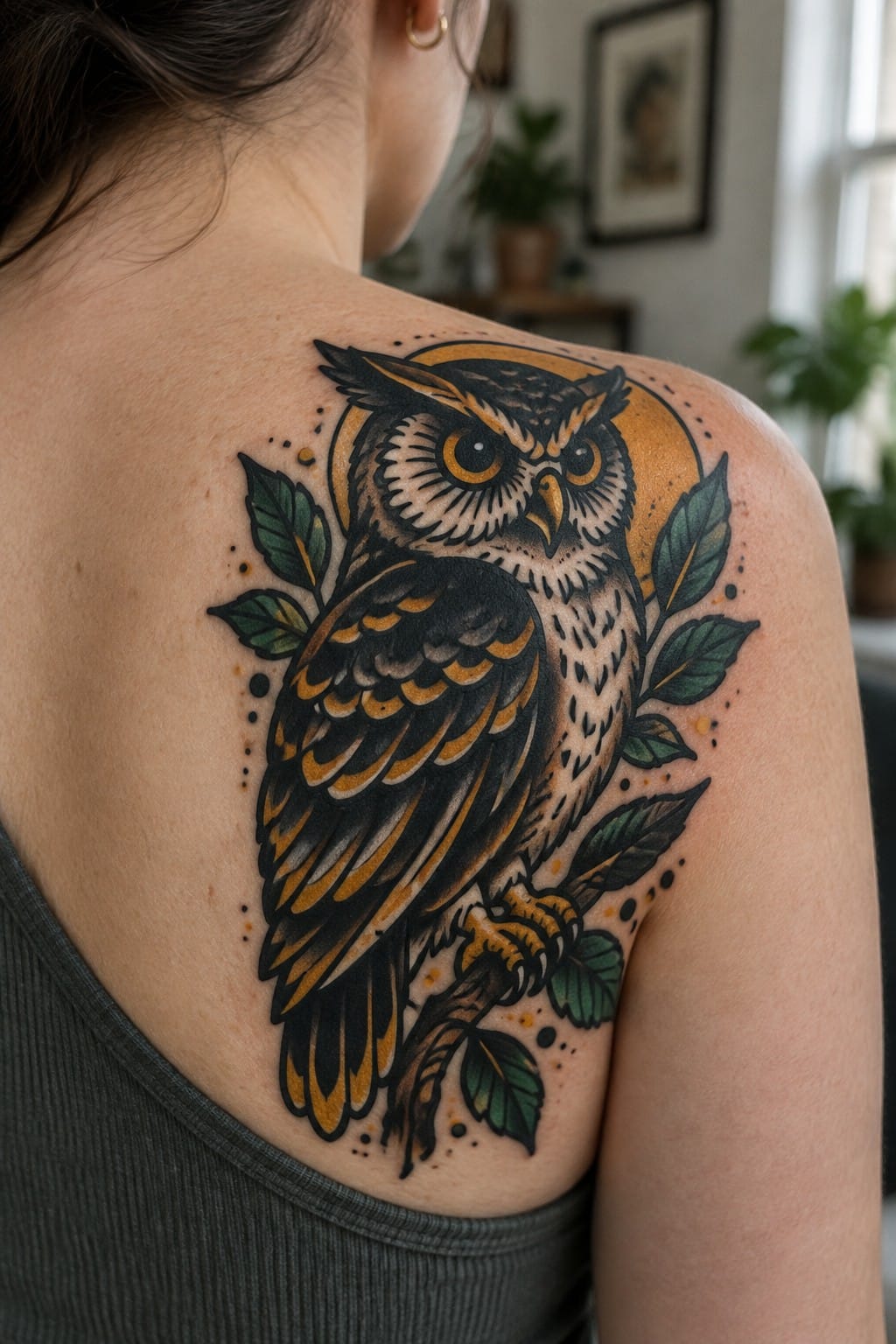 Colorful owl tattoo with orange accents, green leaves, and moon on shoulder.