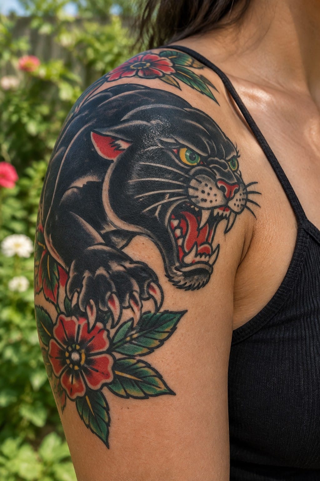 Traditional black panther tattoo with red flowers on a person's shoulder