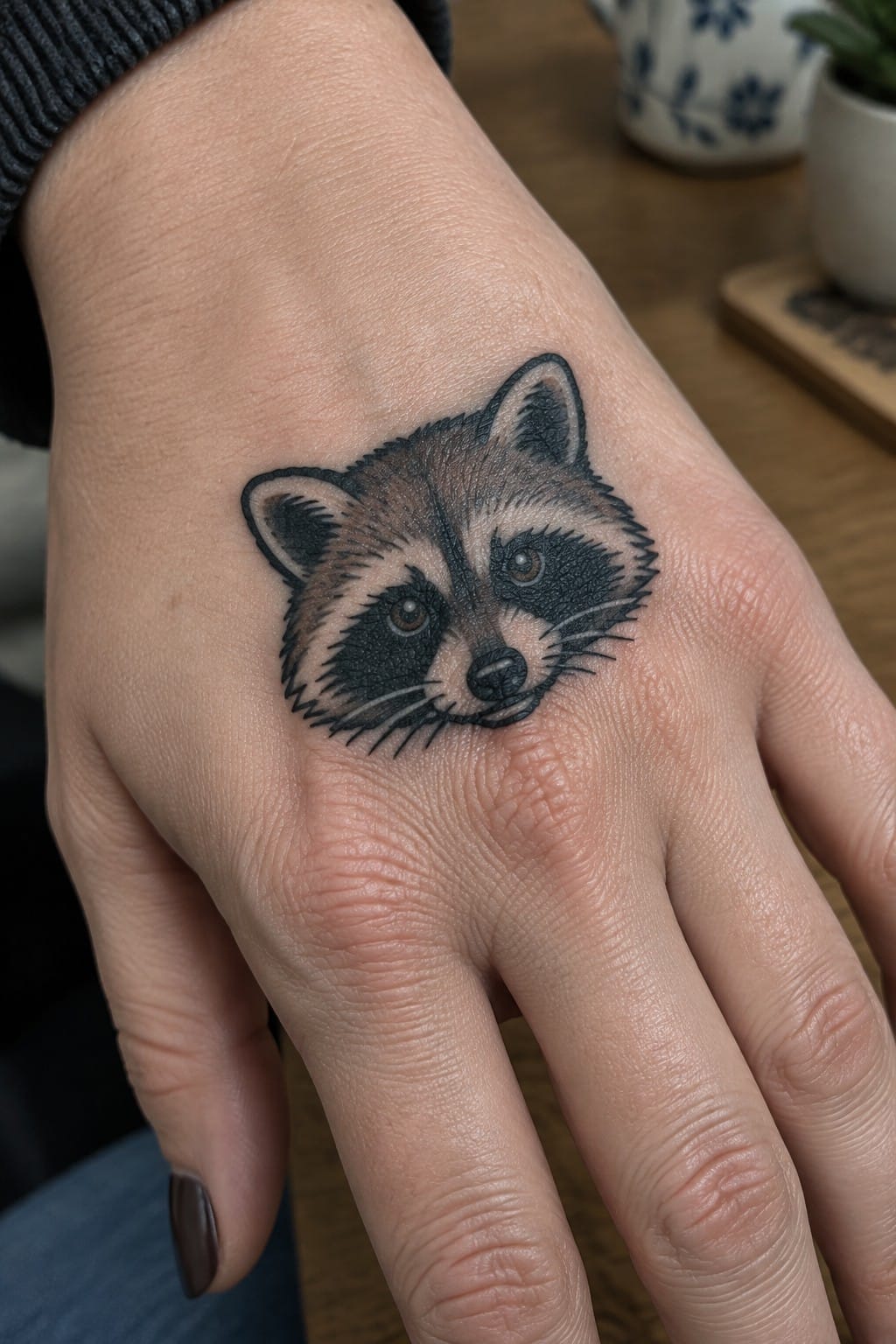 Realistic raccoon face tattoo on light-skinned hand with gray sleeve cuff.