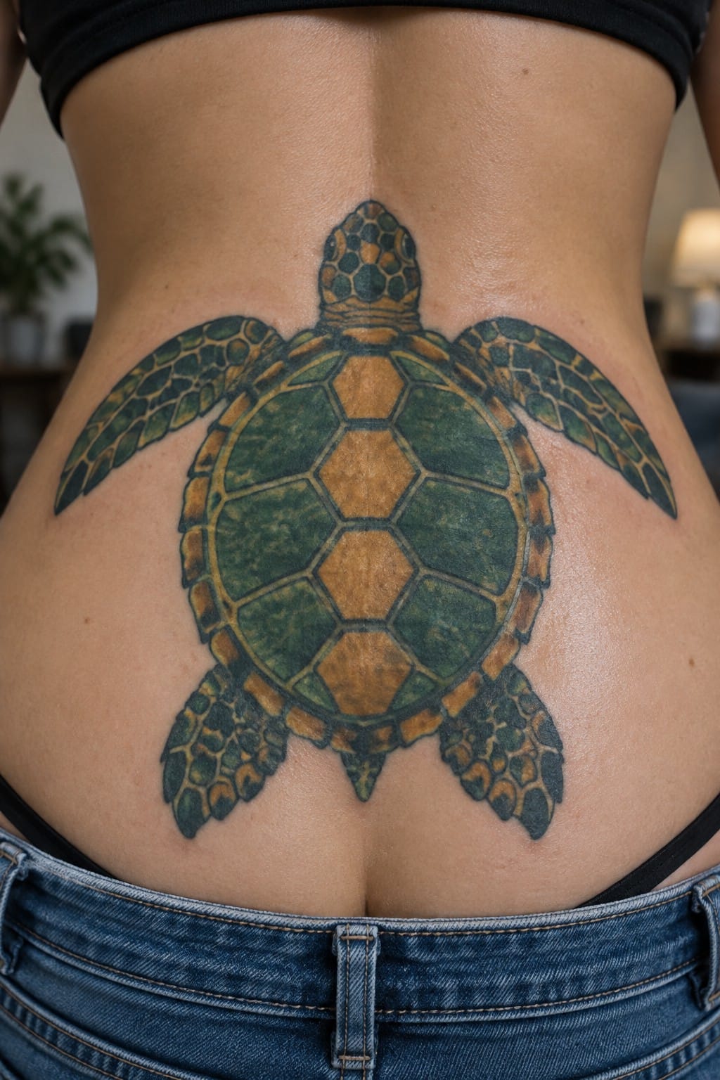 A sea turtle tattoo centered on a woman's lower back above blue jeans