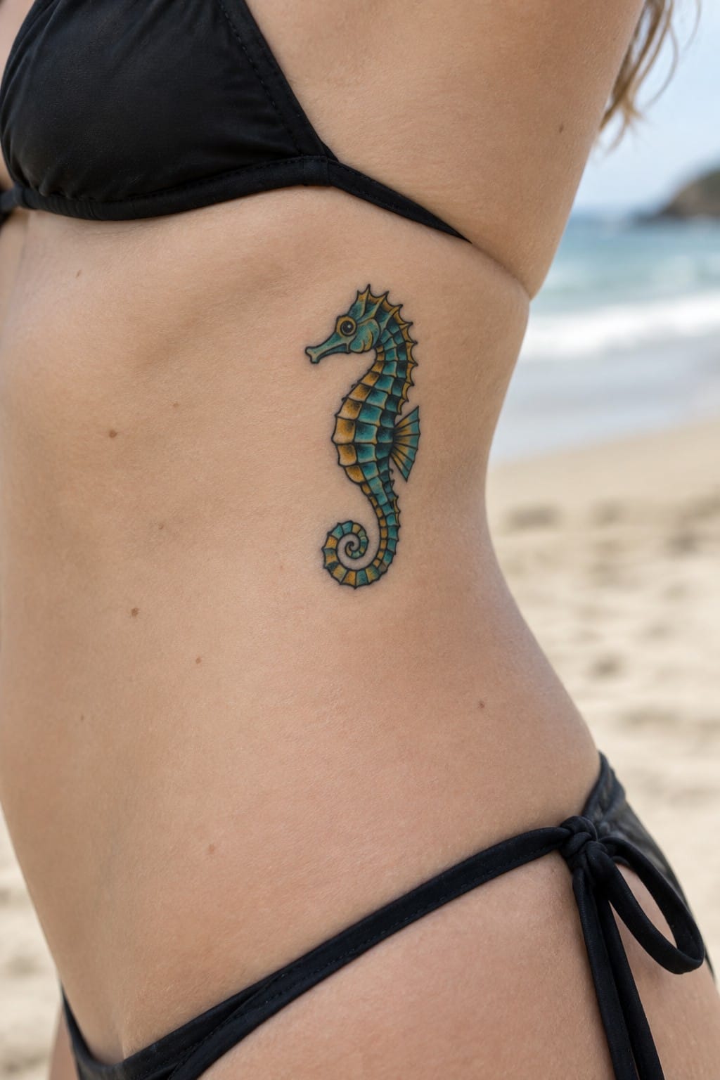 Colorful seahorse tattoo on a woman's side torso above the hip, showing teal and gold shading with a curved tail.