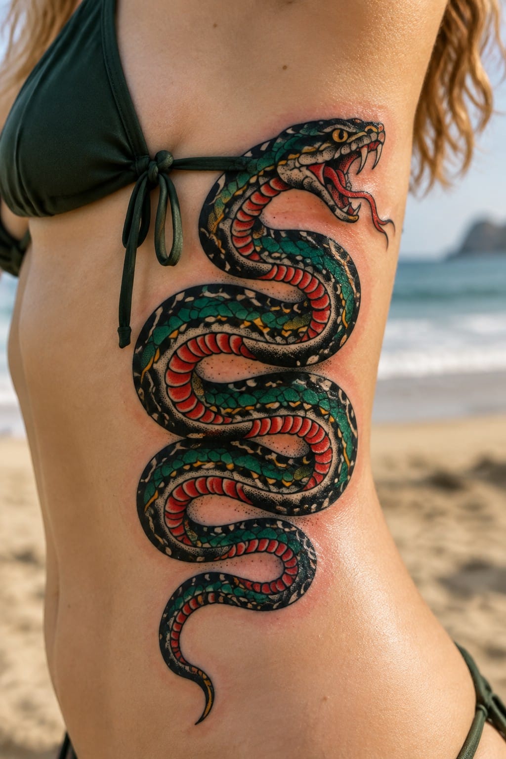 Vibrant red-green snake tattoo coiled on woman's torso in green bikini on beach