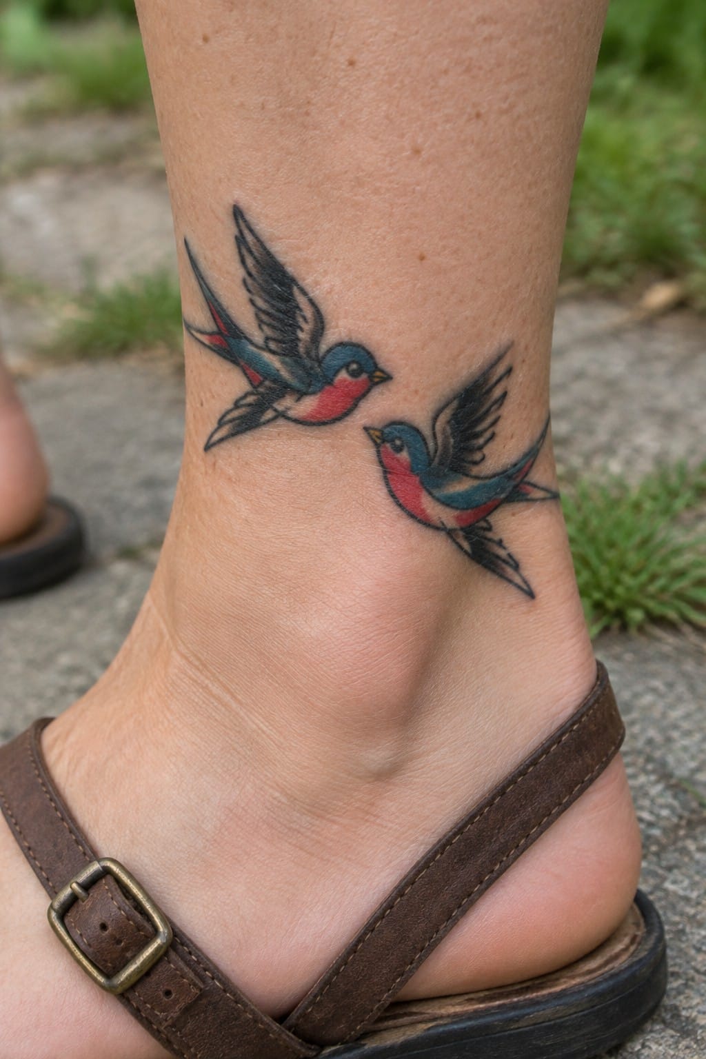 Two blue-red swallow tattoos on ankle above brown leather sandal strap