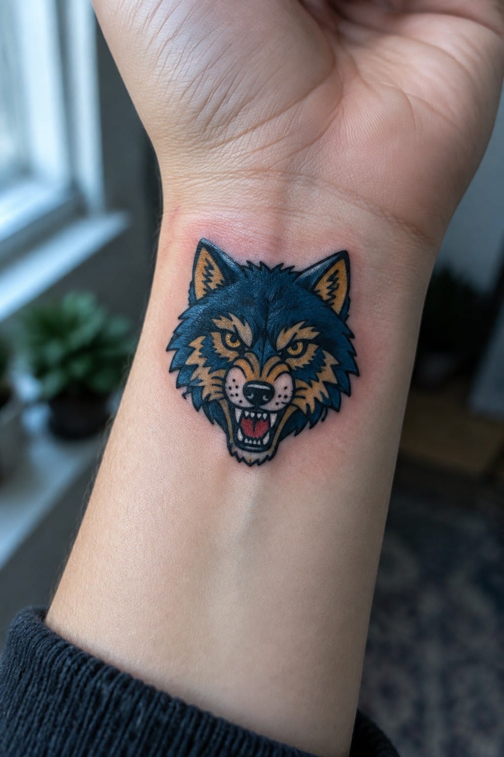 Close-up of a snarling wolf head tattoo on the inner wrist done in American traditional style with bold outlines and blue brown and yellow coloring.