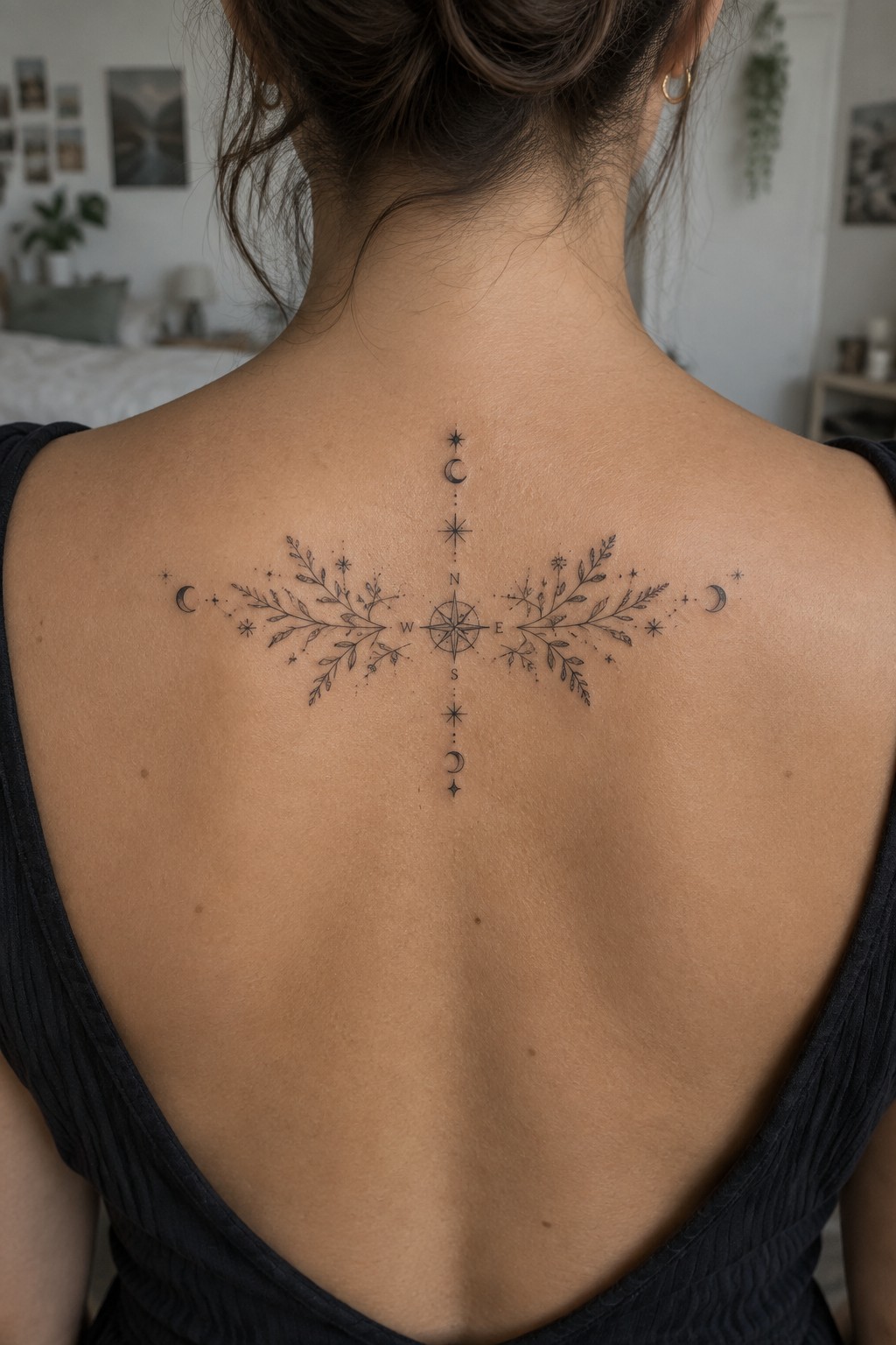 Fine line compass tattoo with leafy branches and moon symbols centered on a woman's upper back