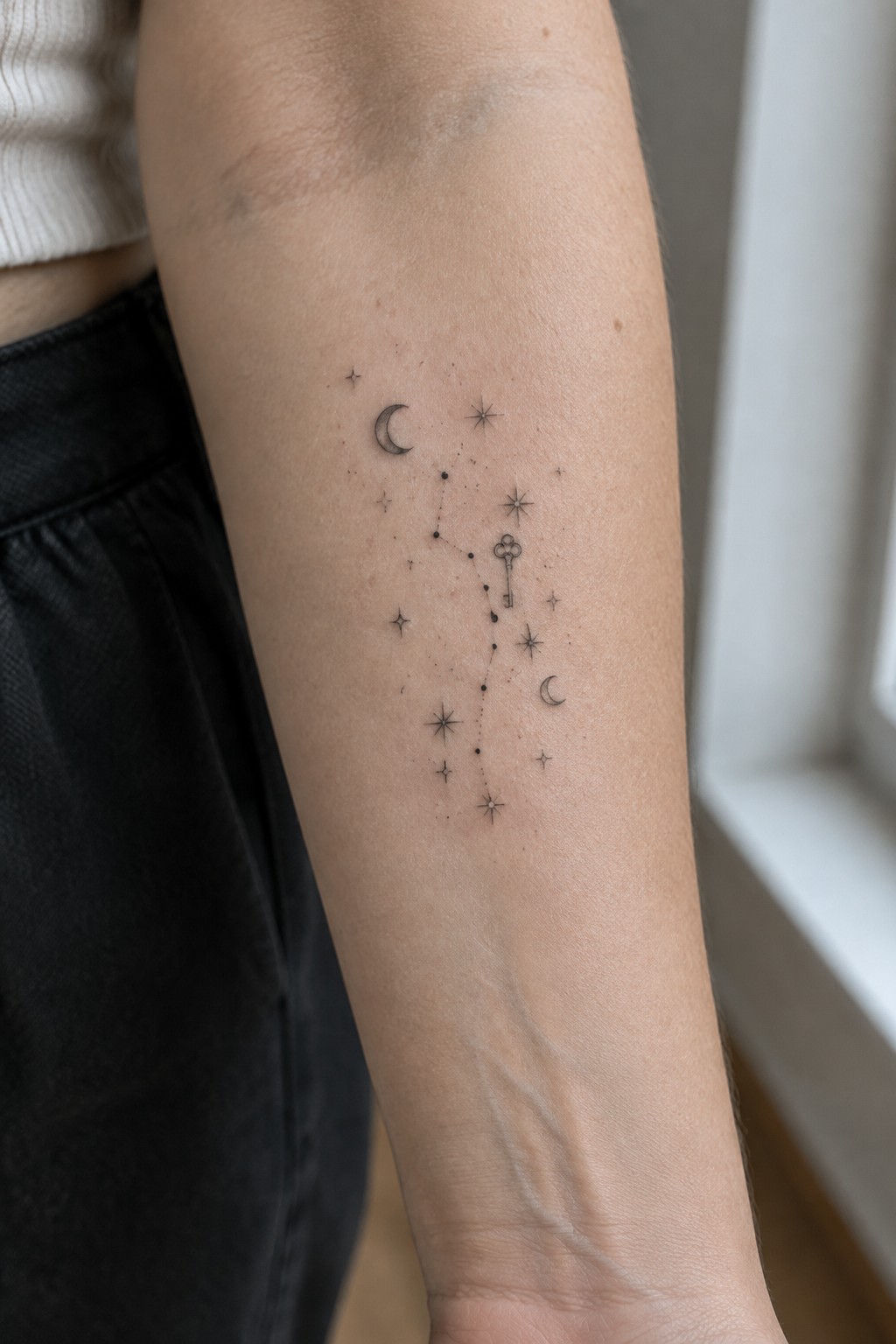 Fine line constellation tattoo with stars, moons, and a key on the forearm