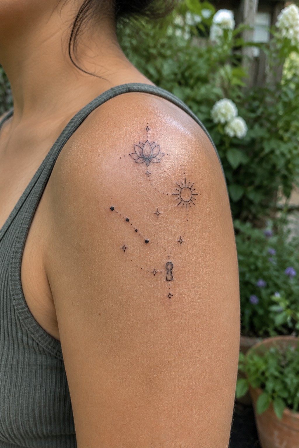 Fine line constellation tattoo on a woman's shoulder featuring a lotus, sun, keyhole, and connecting dots with stars.