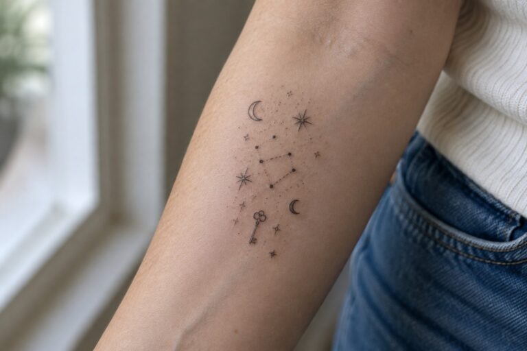 Fine line constellation tattoo with stars, moons, and a key on the forearm