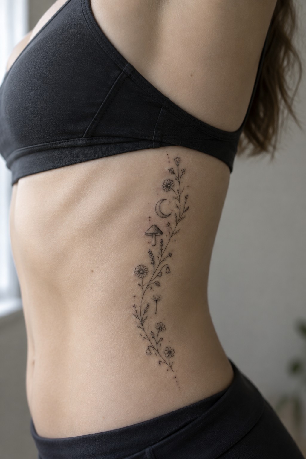 Fine line tattoo with flowers, mushroom, moon and stars running vertically on the side torso