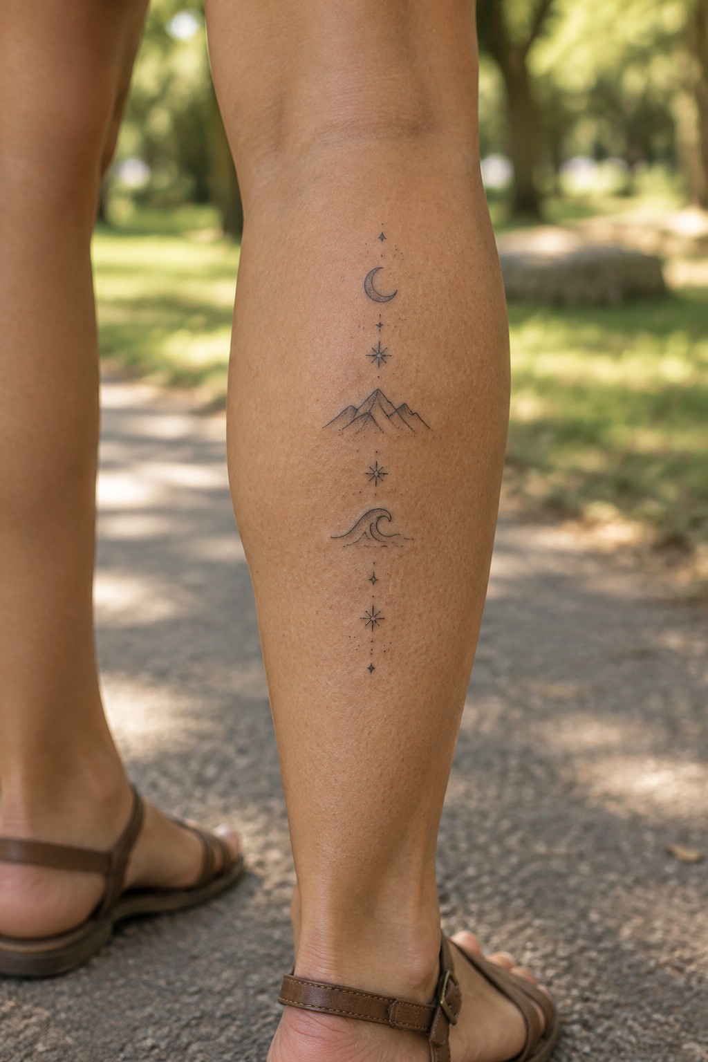 Tattoo of moon, stars, mountains, and wave on leg with brown sandals outdoors.